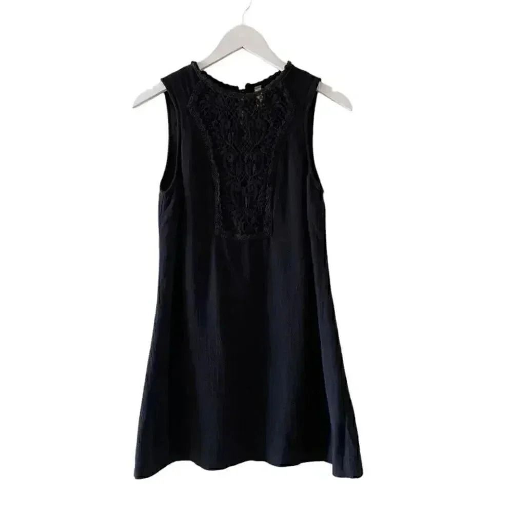 FREE PEOPLE BLACK SLEEVELESS COTTON LINED LACE A- LINE EMBROIDERED DRESS SZ S